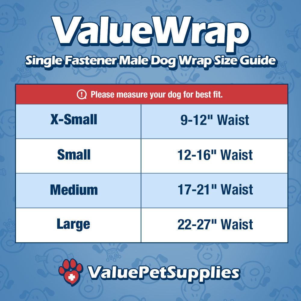 ValueWrap Male Wraps, Disposable Dog Diapers, 1-Tab X-Small, 288 Count BULK PACK - Snag-Free Fastener, Leak Protection, Wetness Indicator 